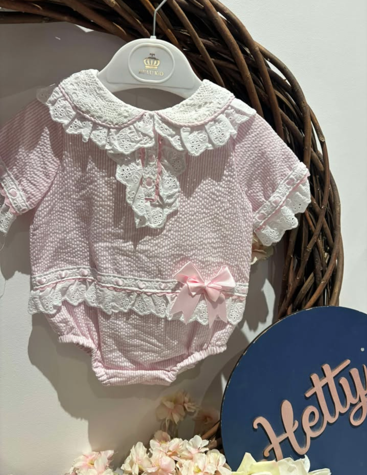 Beau Kid Pink Lace Romper with Bonnet