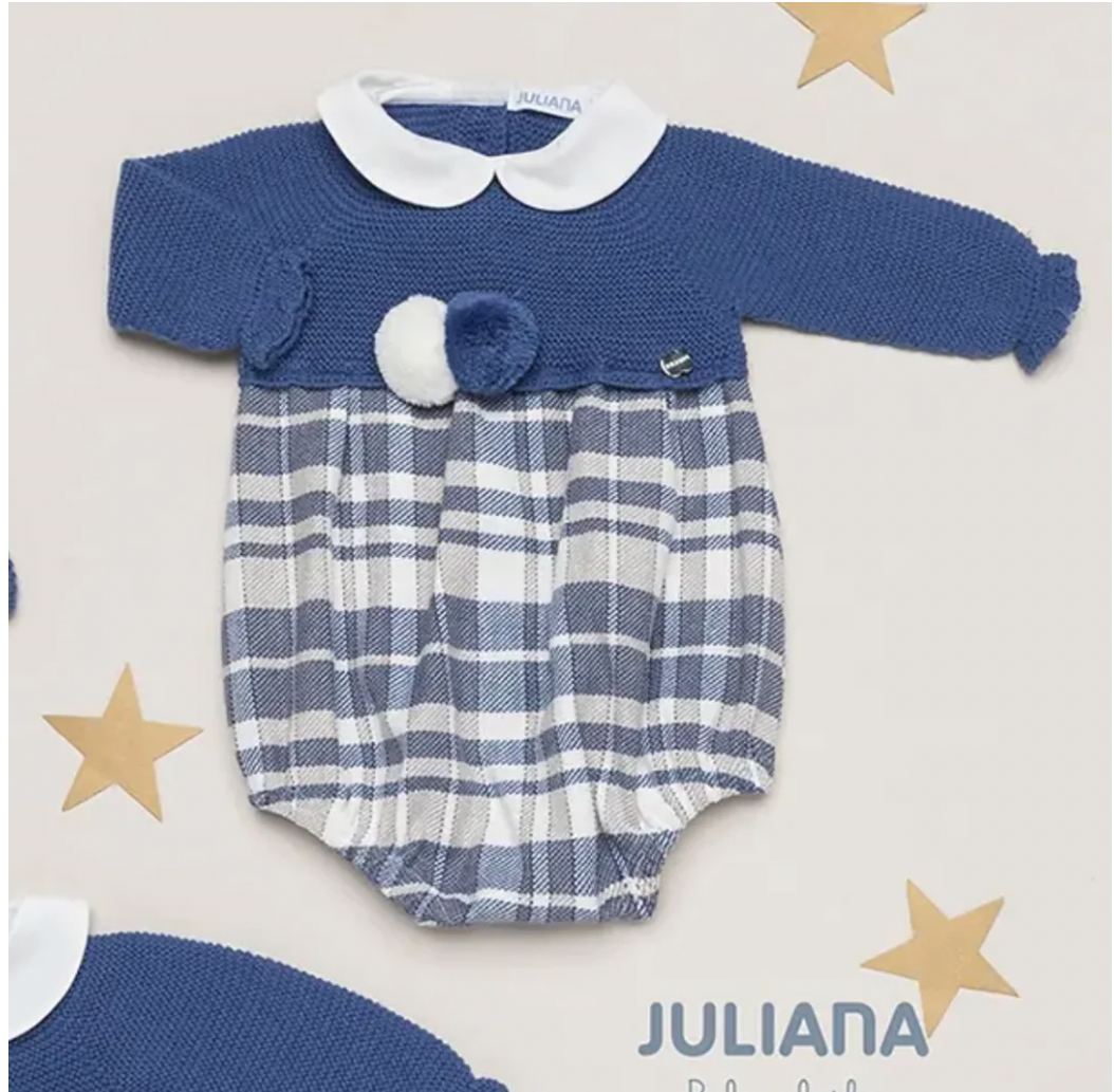 Juliana Blue Knit & Camel Check Romper
