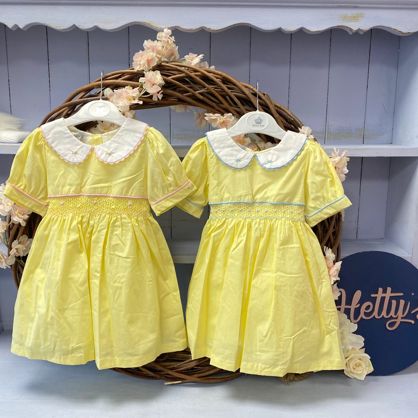 Beau Kid Lemon Rose bud Smock Dress blue or pink trim