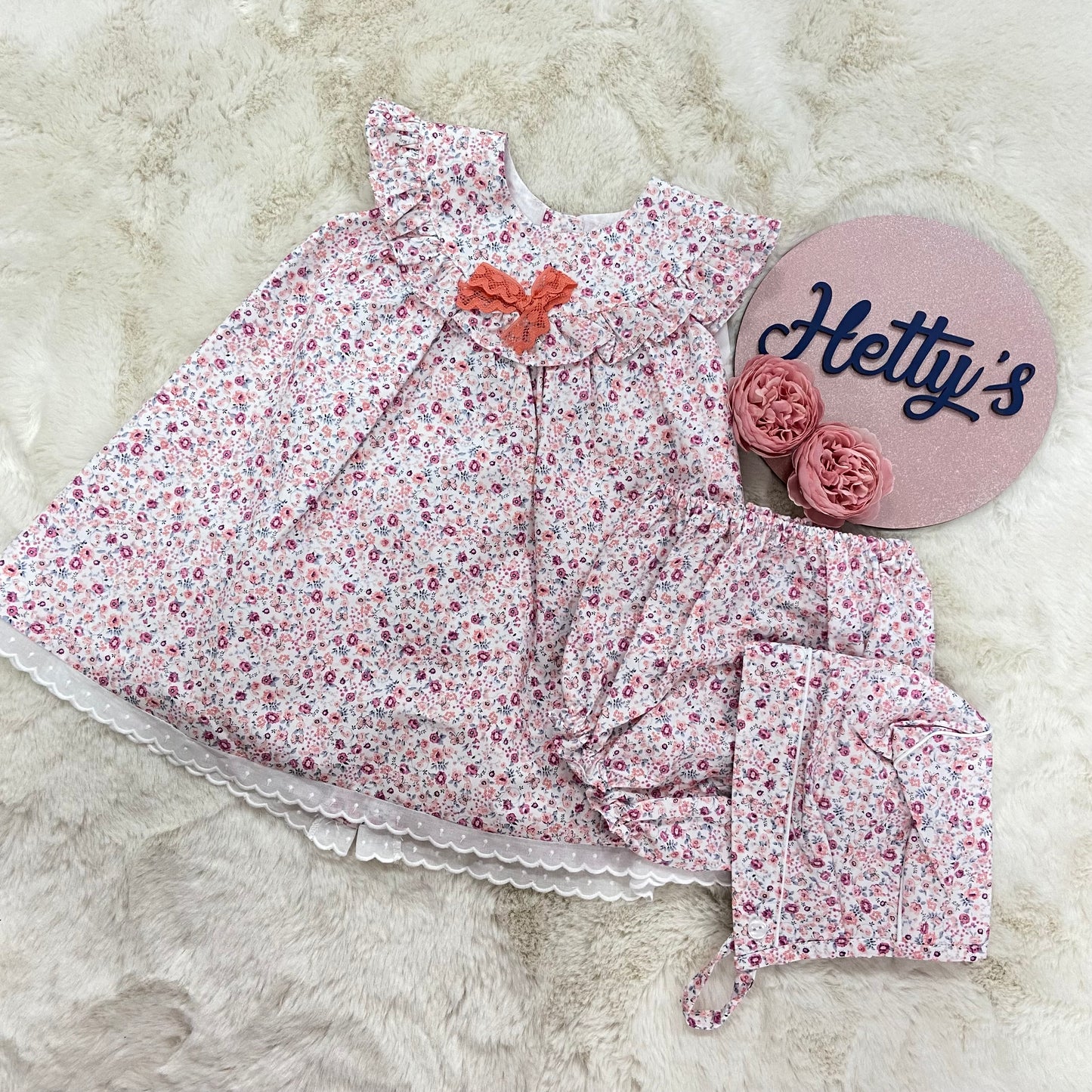 Spanish Boutique Floral Dress With Pants and Bonnet