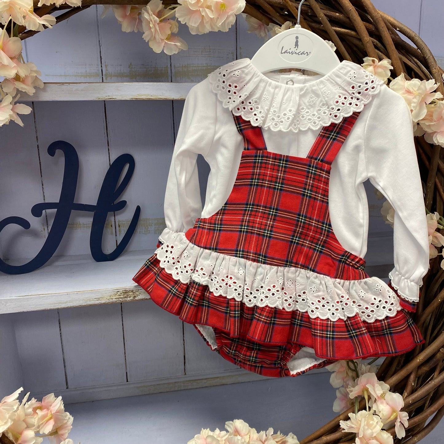 18M ONLY ** Luxury Tartan Frilly Collar Top & Romper Set