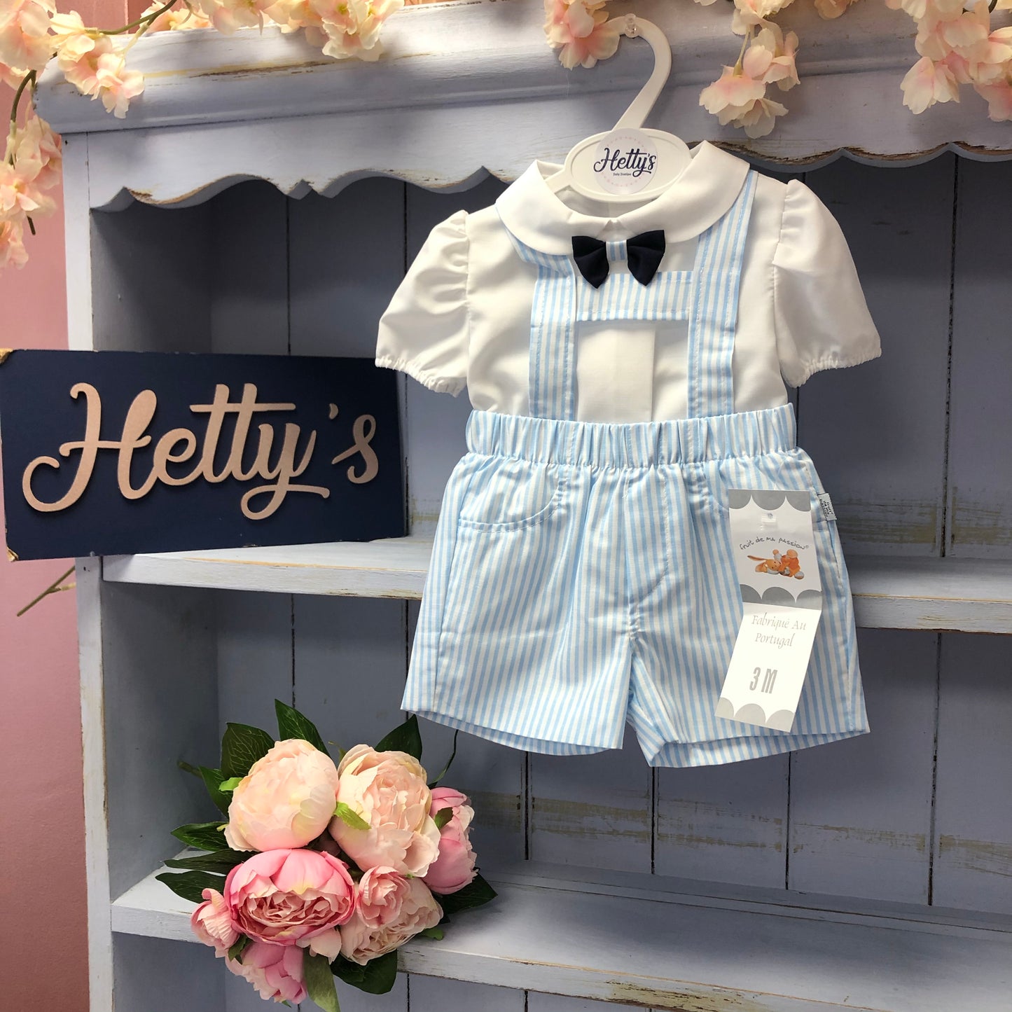 “Marley” Blue and Camel Stripe Dungaree Short Sets