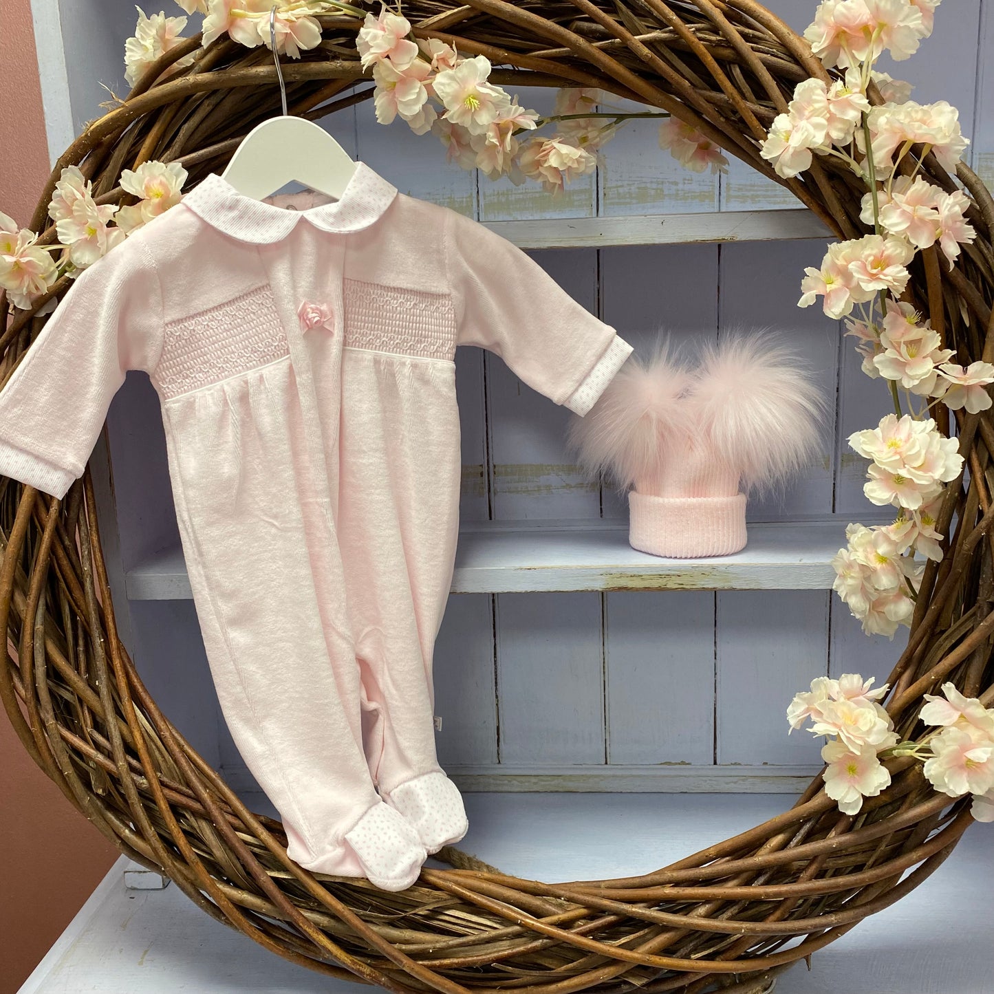 Pink velour smock with rose all in one