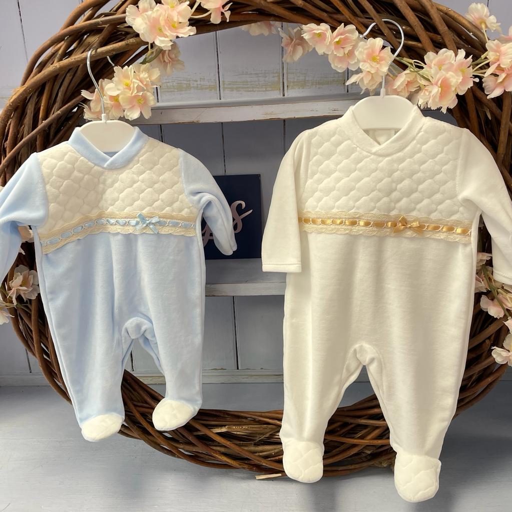 Quilted Velour Bow Outfit - Ivory or Blue