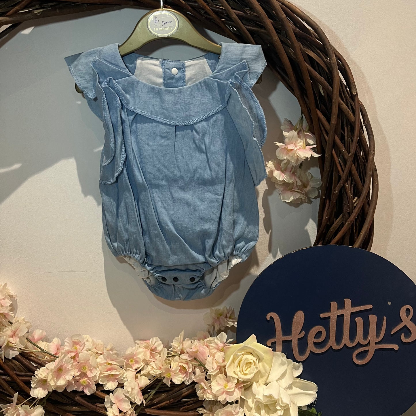 12M Blue denim frilly sleeve romper