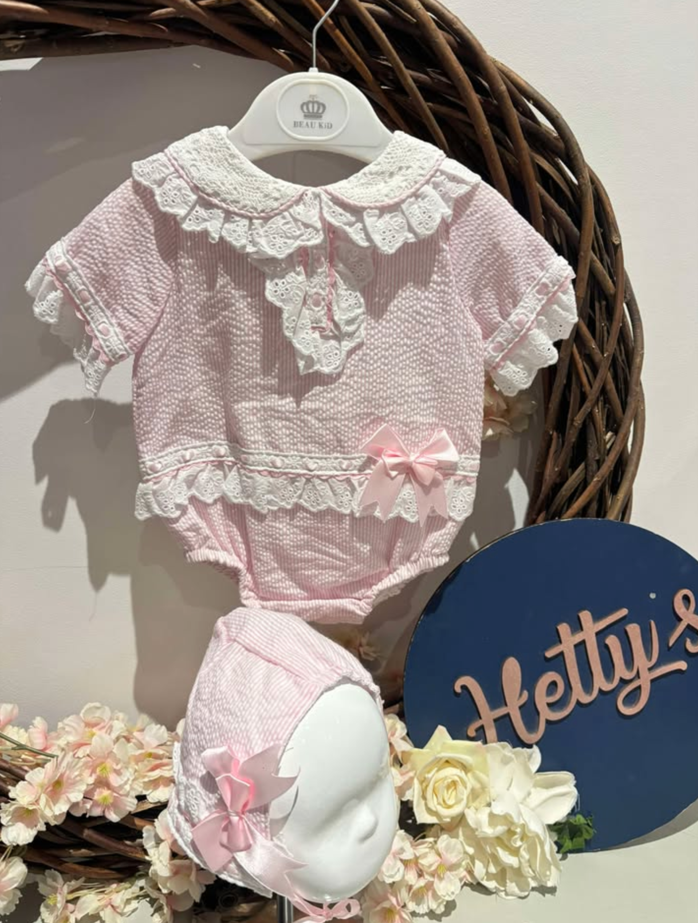 Beau Kid Pink Lace Romper with Bonnet