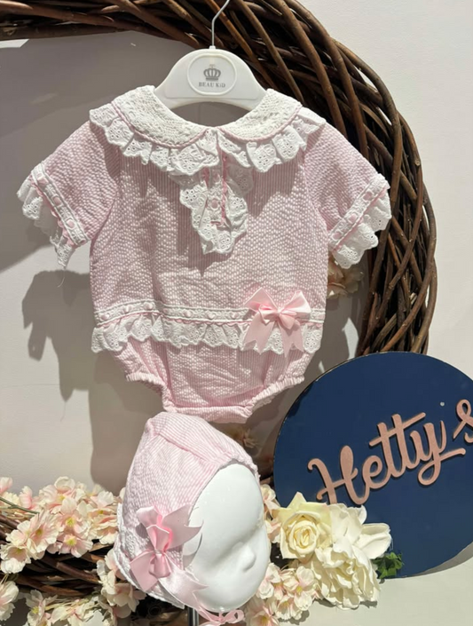 Beau Kid Pink Lace Romper with Bonnet