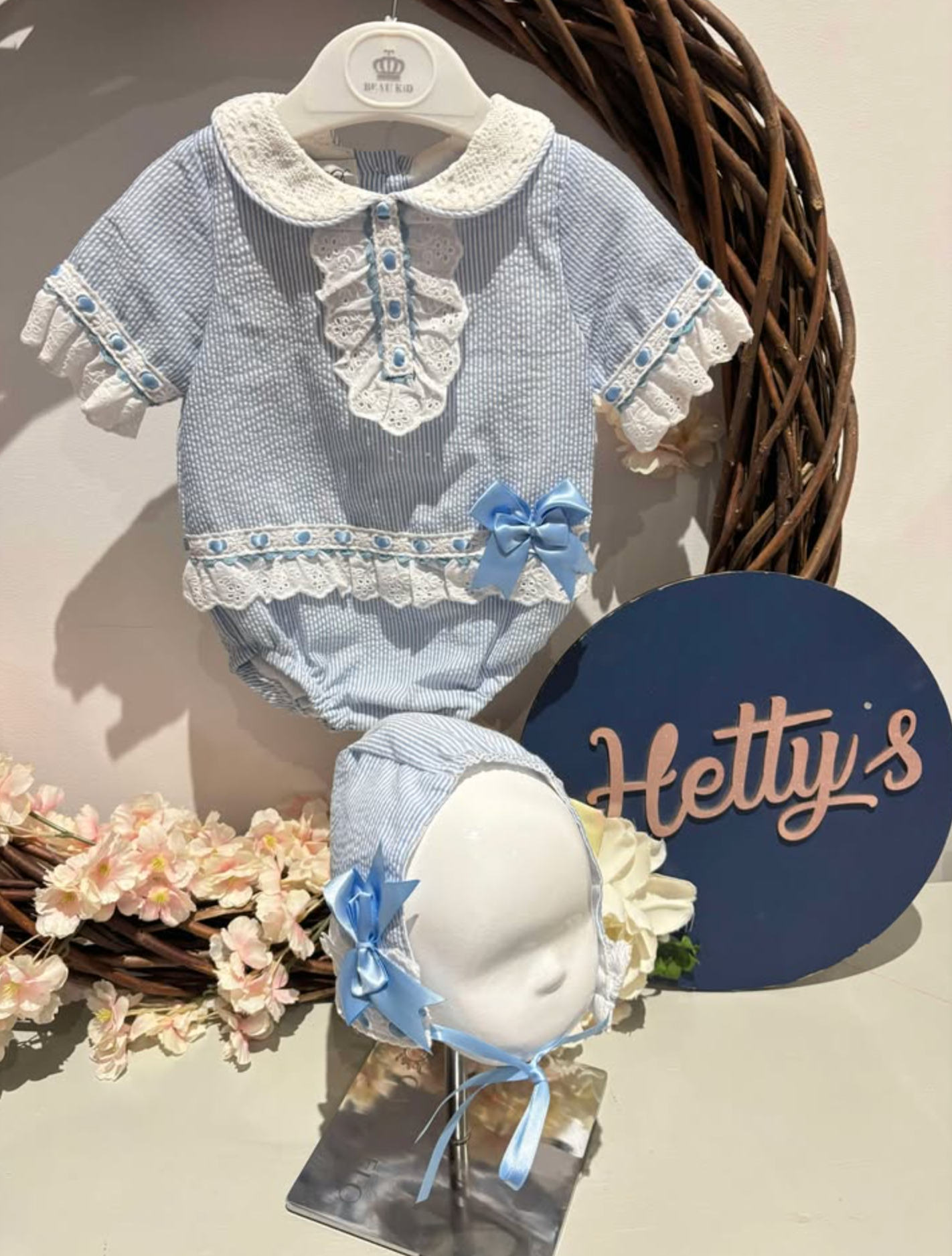 Beau Kid Blue Lace Romper with Bonnet