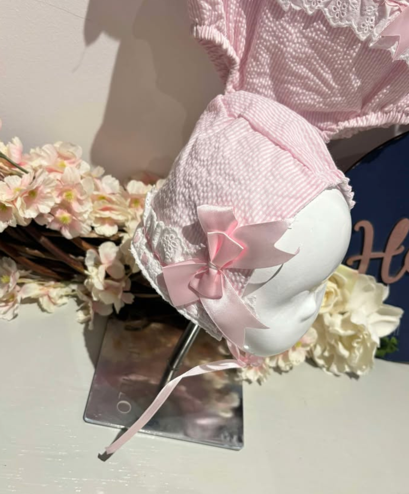 Beau Kid Pink Lace Romper with Bonnet