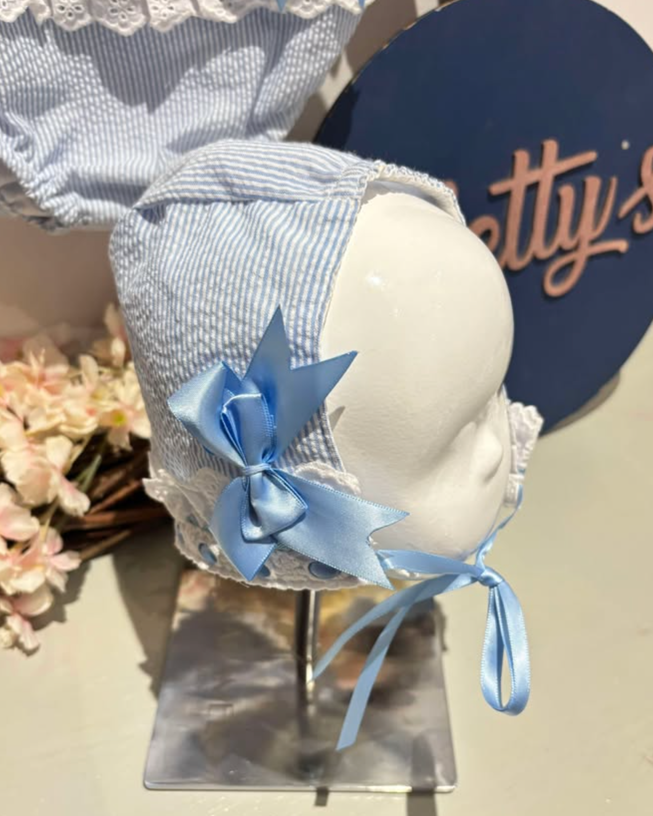 Beau Kid Blue Lace Romper with Bonnet