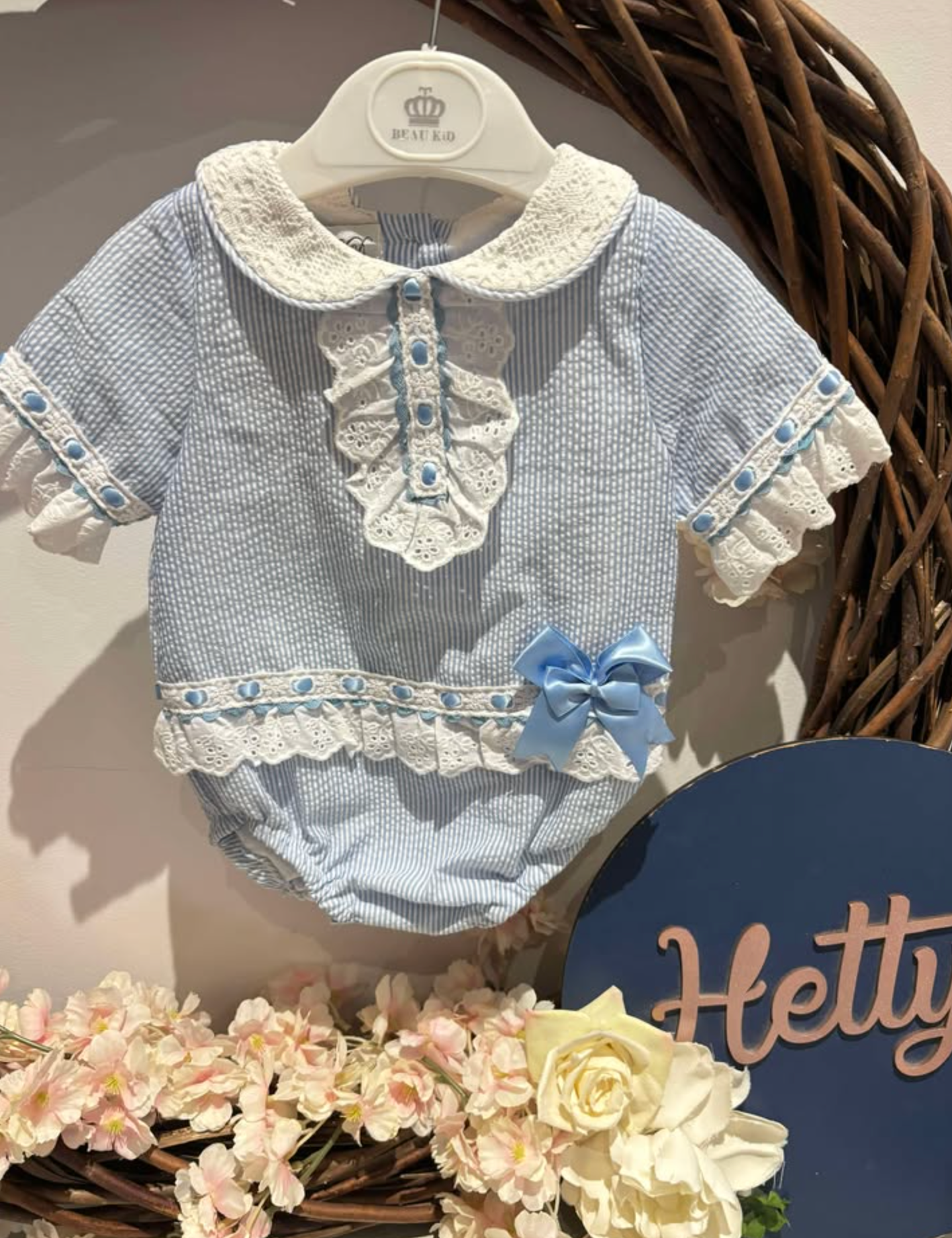 Beau Kid Blue Lace Romper with Bonnet