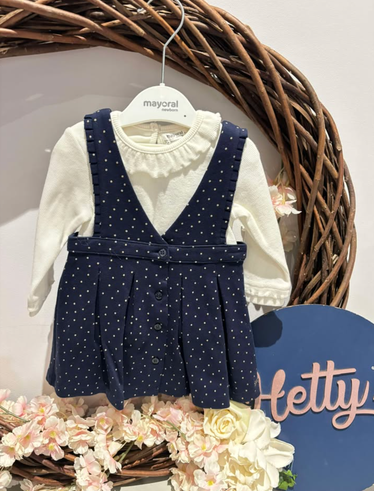 Mayoral Luxury Navy Pinafore Dress with Ivory Long Sleeve Top