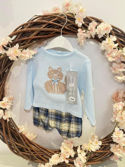 Blue Knitted Animal Top and Tartan Shorts