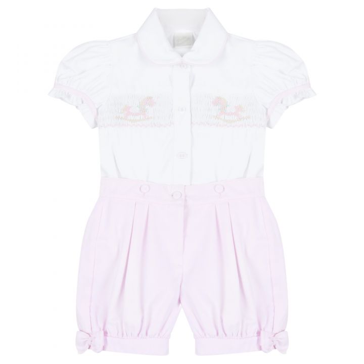 Pretty Originals Pink Rocking Horse Smock Bloomer Set