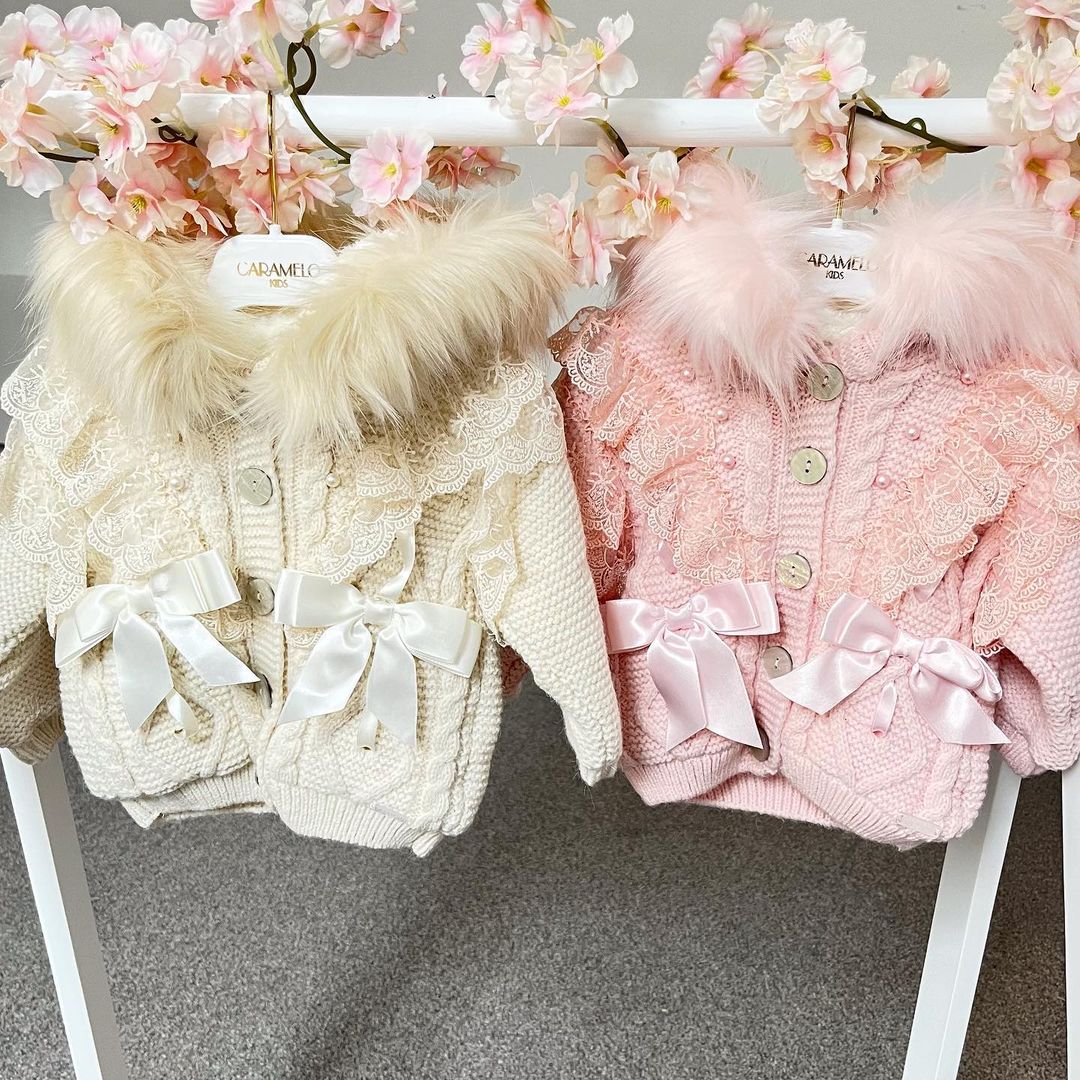 Caramelo Luxury Pink Pearl & Lace Woollen Cardigan