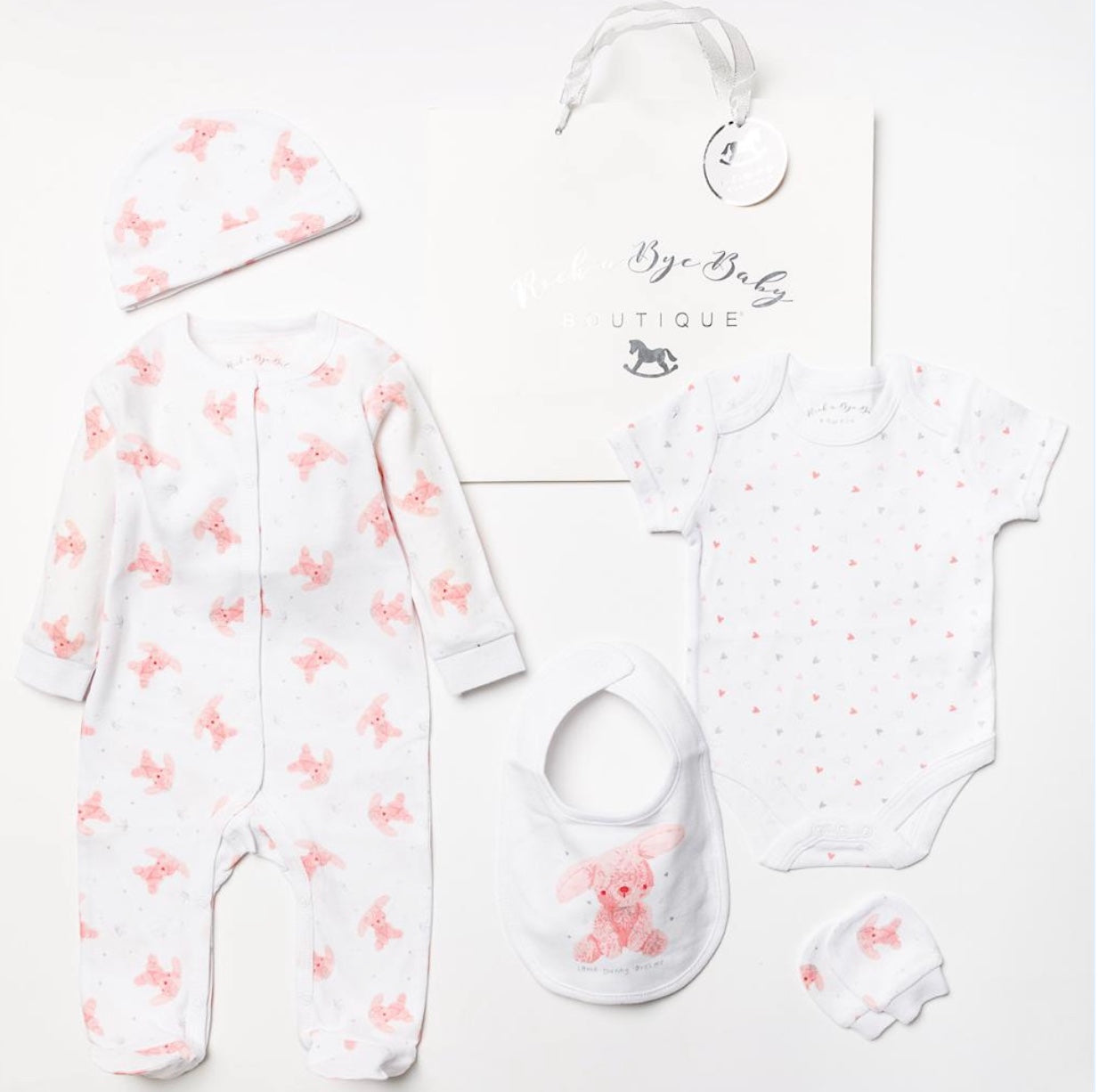 White & Pink Bunny Print 5pc Set