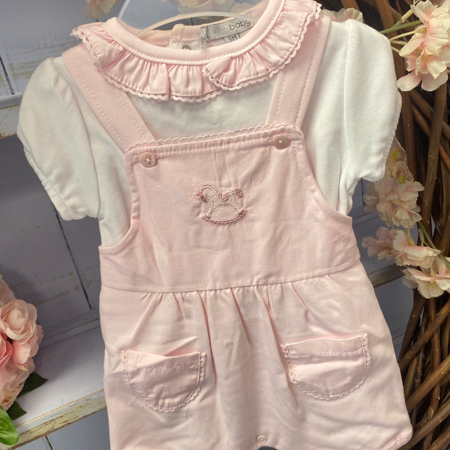 Blues Baby Pink Rocking Horse Dungaree Set