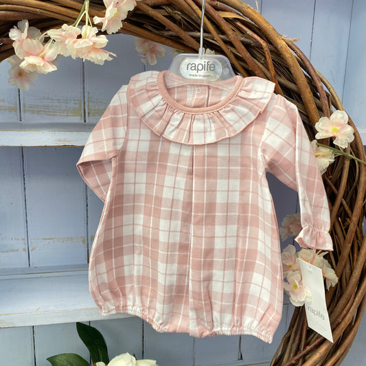 Rapife Rose Pink Check Ruffle Collar Romper