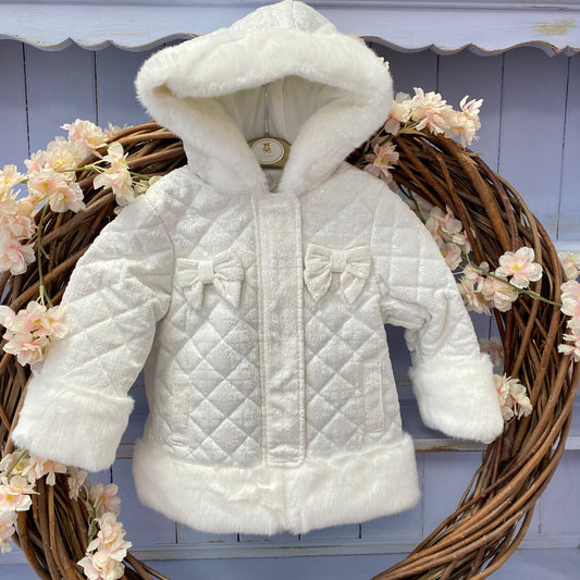 Mintini White Iridescent Bow & Fur Coat