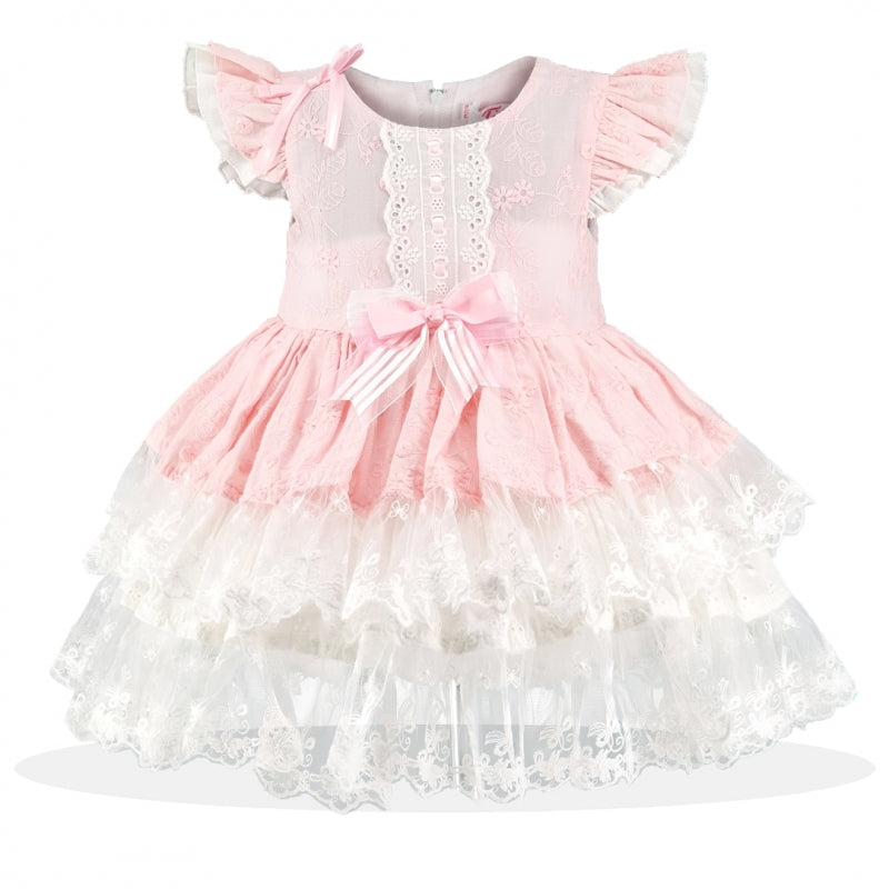 Luxury frilly puff ball pink & white lace dress with pants