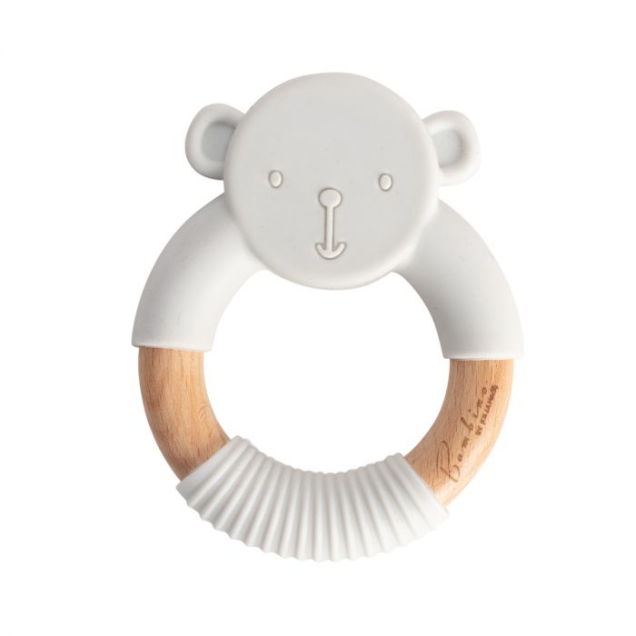 Wood & silicone teddy teething rattle - pink, grey or blue
