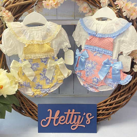 Pink or Lemon China Print Double Bow Romper