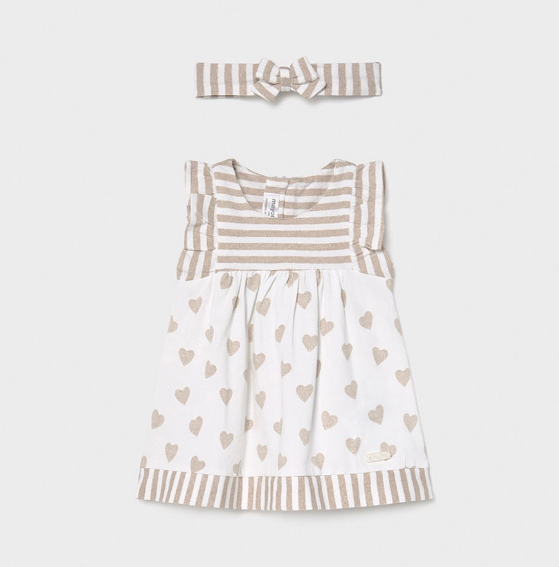 Mayoral Knit Camel Hearts Stripe Dress