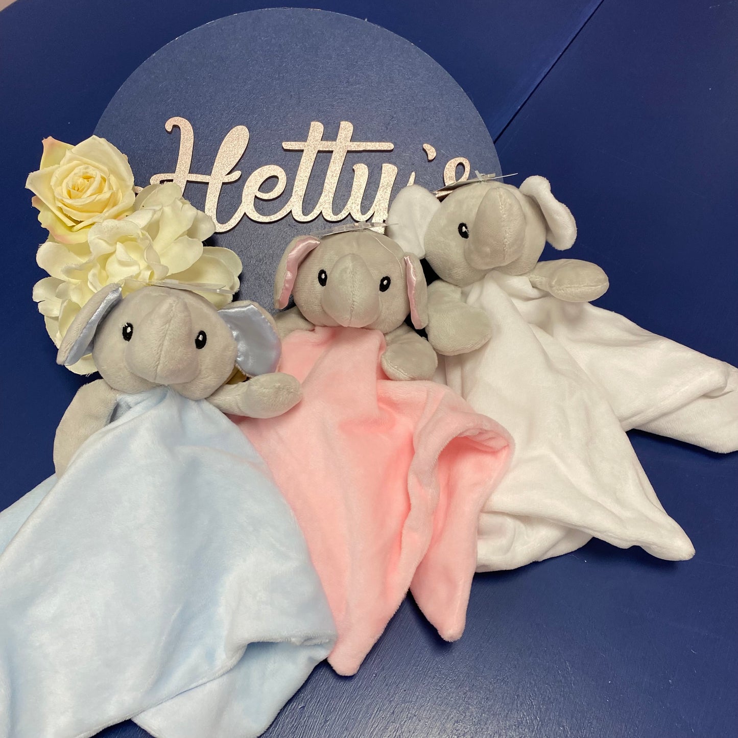 White, blue & pink Elephant Comforters - Hetty's Baby Boutique
