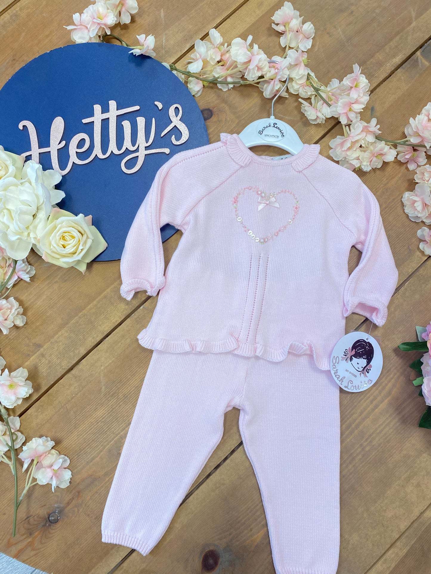 Sarah Louise Pink Knitted Two Piece Embroidered Set