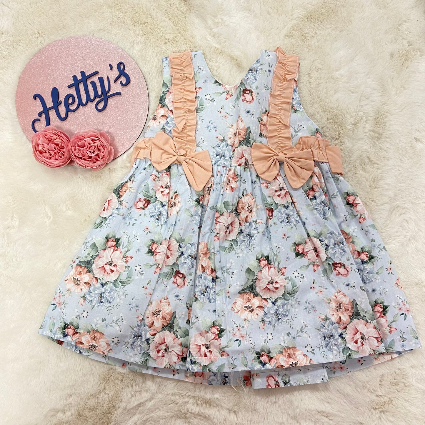 Peach & Blue Floral Double Bow Spanish Dress
