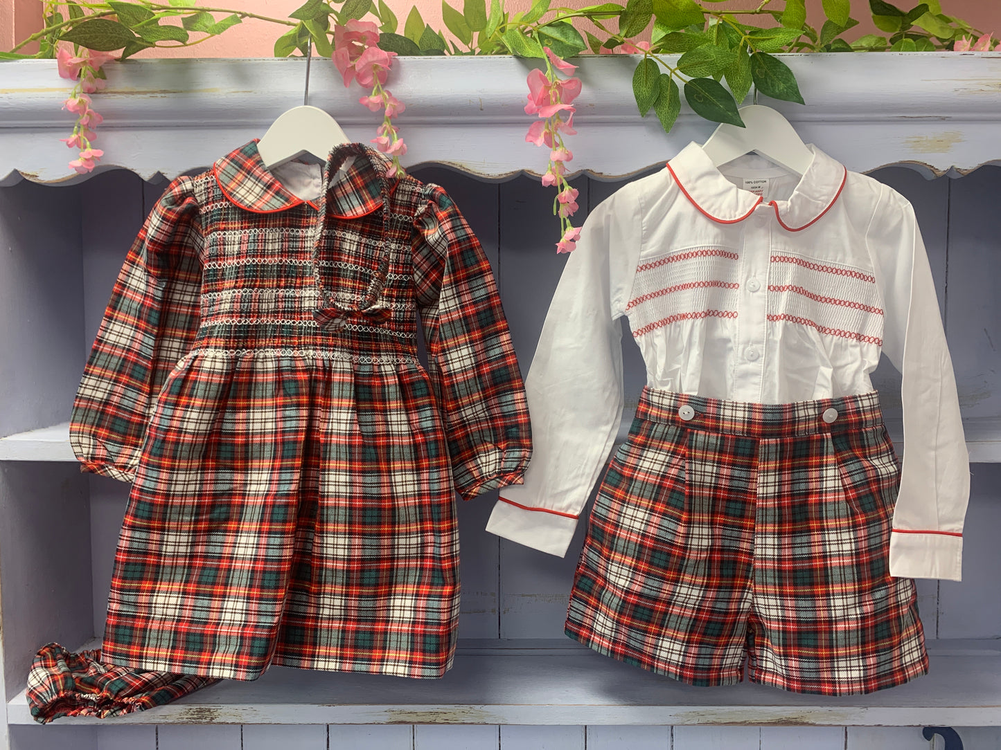 “Noel” Tartan Check Matching Girls & Boys Smock Set - Hetty's Baby Boutique