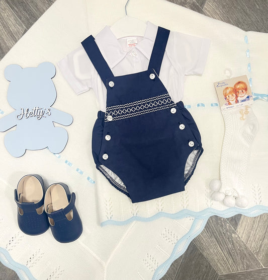 Boys navy dungaree with smocking