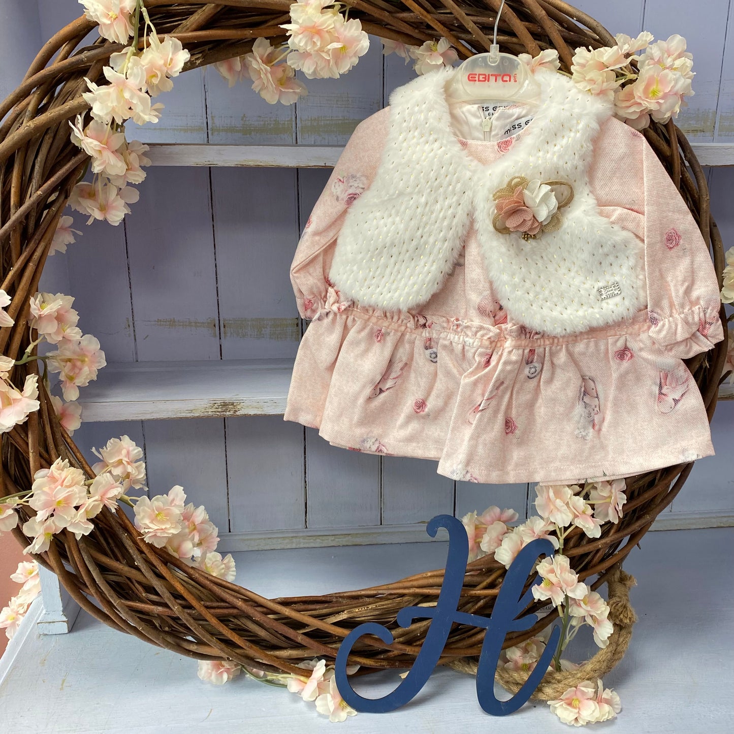 Ebita Vintage Doll Pink Dress with Matching Fur Gilet