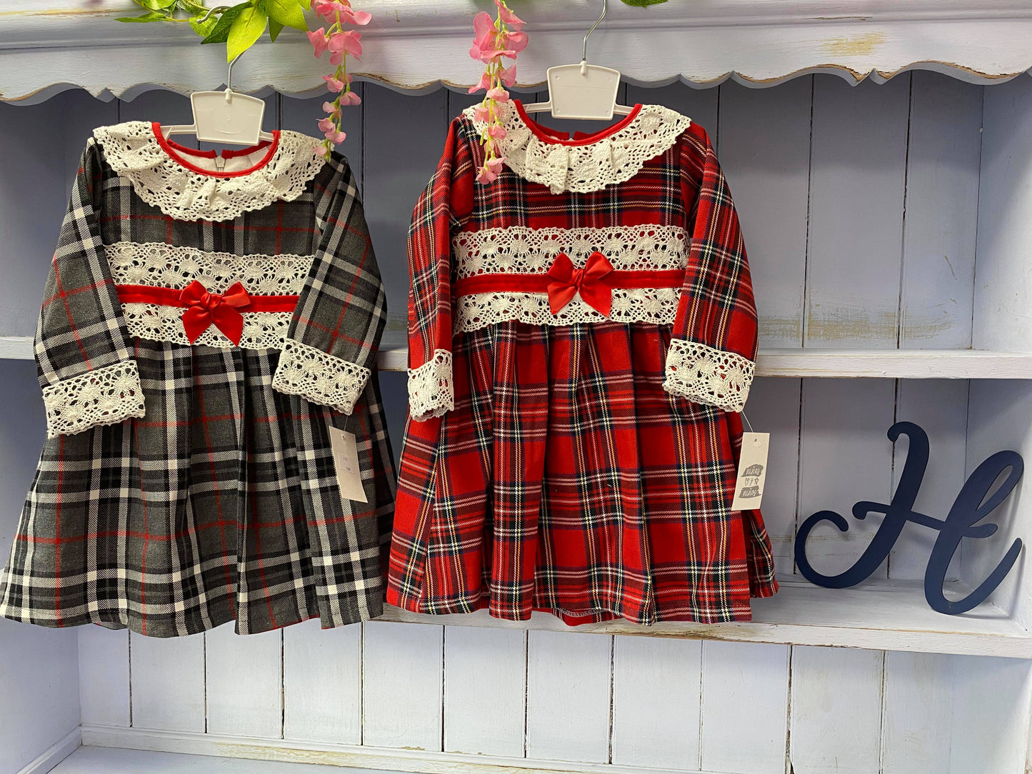 "Eve" 18/24/36M Grey or Red Tartan Dress With Lace Detail - Hetty's Baby Boutique